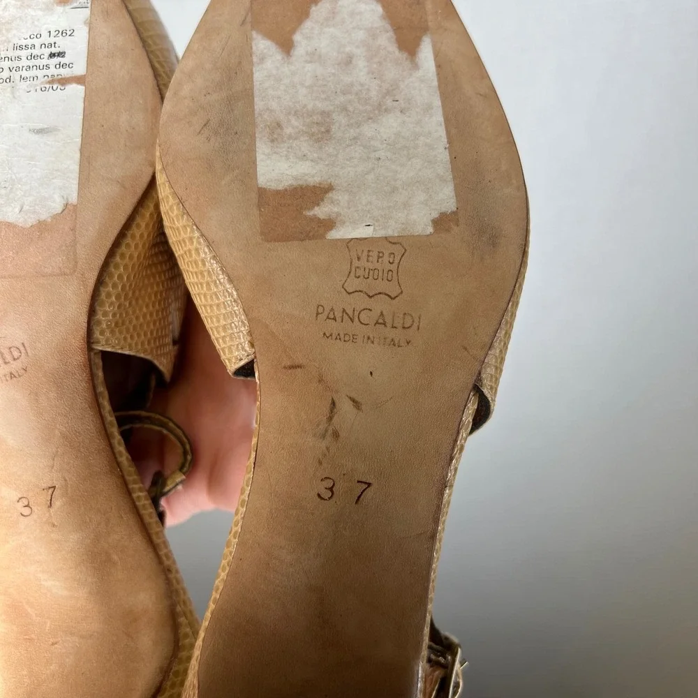 Pancaldi Tan Lizard Embossed Leather Slingback Kitten Heels Made in Italy 37 - Picture 6 of 7
